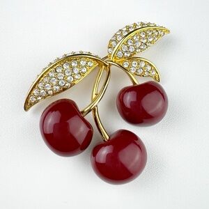 80s Vintage Brooch Joan Rivers Cherries Cherry Rhinestones Fruit Summer